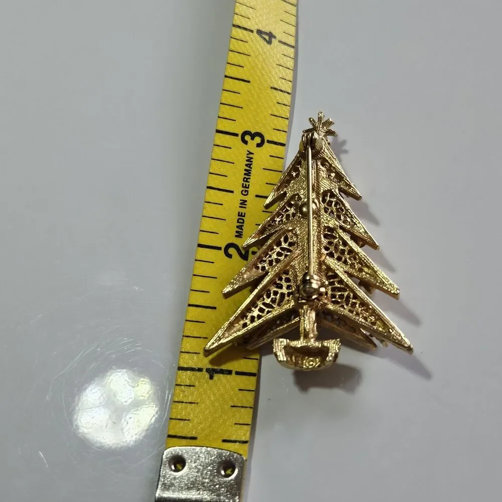 Vintage Art Gold Tone Christmas Tree Brooch Lace Candles Signed Book Piece MCM